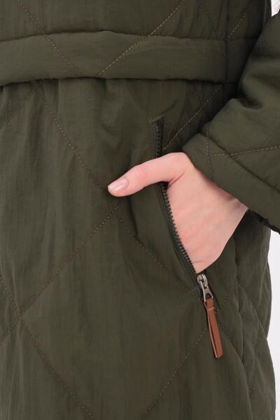 Allday 25DW80025AL0 Haki Kadın Kapüşonlı Belden Cep Detaylı Boydan Fermuarlı Kapitone Kaban