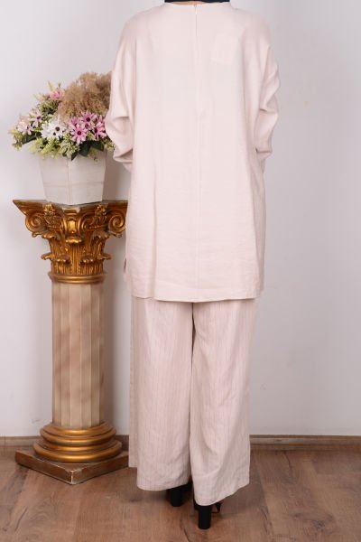 Armine 24YT670 Taş Kadın Askı İp Detaylı Arkadan Fermuarlı Bisiklet Yaka Pantalonu Beli Lastikli Geniş Paça Çift Cepli Trend Takım