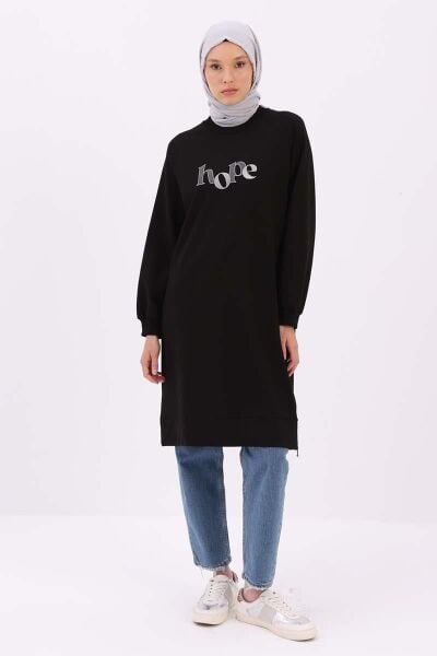 Allday 25OB52292AL0 Siyah Kadın Yandan Garni Yırtmaçlı Bisiklet Yaka Hope Yazı Detaylı Sweat Tunik
