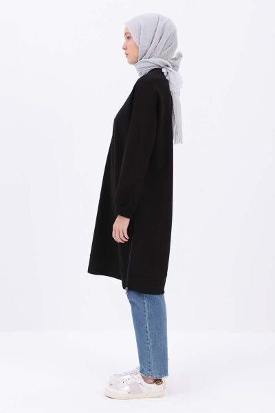 Allday 25OB52292AL0 Siyah Kadın Yandan Garni Yırtmaçlı Bisiklet Yaka Hope Yazı Detaylı Sweat Tunik