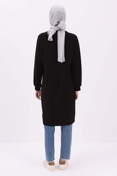 Allday 25OB52292AL0 Siyah Kadın Yandan Garni Yırtmaçlı Bisiklet Yaka Hope Yazı Detaylı Sweat Tunik