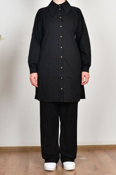 Allday BDX51348AL0 Siyah Kadın Sivri Yakalı Poplin Gömlek