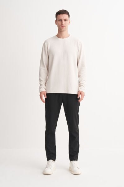 Cazador 53535 Bej Erkek Bisiklet Yaka Regular Fit Kendinden Desenli Sweatshirt