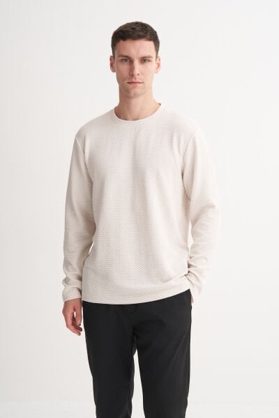 Cazador 53535 Bej Erkek Bisiklet Yaka Regular Fit Kendinden Desenli Sweatshirt