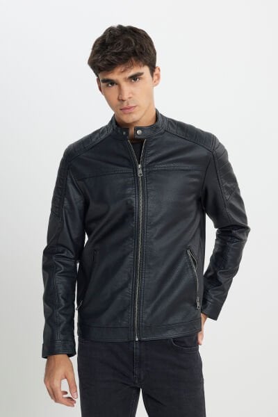Lee L242469001 Siyah Erkek Boğazdan Düğme Detaylı Boydan Fermuarlı Çift Cepli Deri Ceket