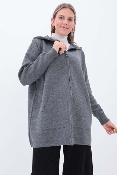 Allday 25TW93159AL0 Gri Kadın Kanguru Cepli Fermuarlı Kapüşonlu Triko Hırka