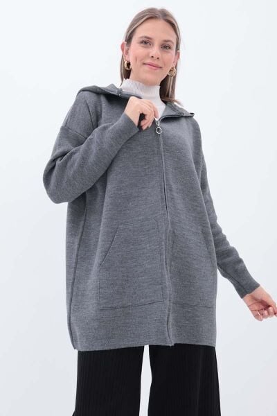 Allday 25TW93159AL0 Gri Kadın Kanguru Cepli Fermuarlı Kapüşonlu Triko Hırka