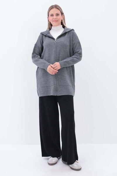 Allday 25TW93159AL0 Gri Kadın Kanguru Cepli Fermuarlı Kapüşonlu Triko Hırka