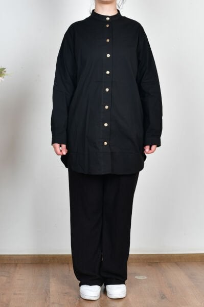 Allday BDX51345A0 Siyah Kadın Gold Dügmeli Pamuklu Poplin Gömlek