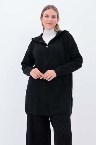 Allday 25TW93159AL0 Siyah Kadın Kanguru Cepli Fermuarlı Kapüşonlu Triko Hırka