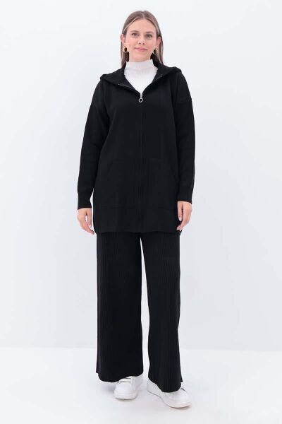 Allday 25TW93159AL0 Siyah Kadın Kanguru Cepli Fermuarlı Kapüşonlu Triko Hırka