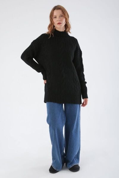 Allday 25TW55039AL0 Siyah Kadın Bato Yaka Saç Örgülü Triko Kazak
