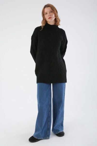 Allday 25TW55039AL0 Siyah Kadın Bato Yaka Saç Örgülü Triko Kazak