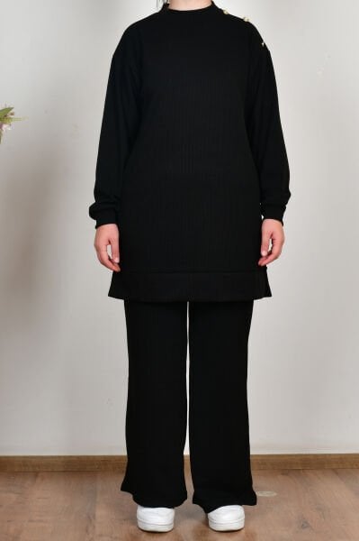 Allday B30111A0 Siyah Kadın  Fitilli Dökümlü Pantolonlu Takım