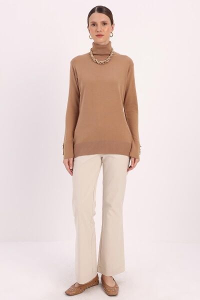 Allday 25TW55044AL0 Bisküvi Kadın Bisiklet Yaka Kolları Lastik Detaylı Sakal İp Kazak