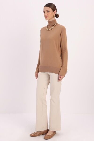 Allday 25TW55044AL0 Bisküvi Kadın Bisiklet Yaka Kolları Lastik Detaylı Sakal İp Kazak