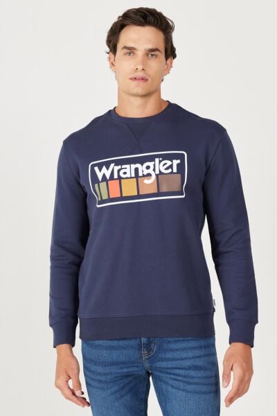 Wrangler W646H1114 Lacivert Erkek Göğüsten Yazı Detaylı Bisiklet Yaka Üç İplik Sweat