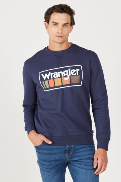 Wrangler W646H1114 Lacivert Erkek Göğüsten Yazı Detaylı Bisiklet Yaka Üç İplik Sweat