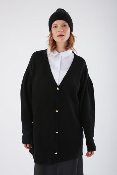 Allday 24TW93118AL0 Siyah Kadın Kalpli Düğme Detaylı V Yaka Bilekleri Kalın Latikli Triko Hırka