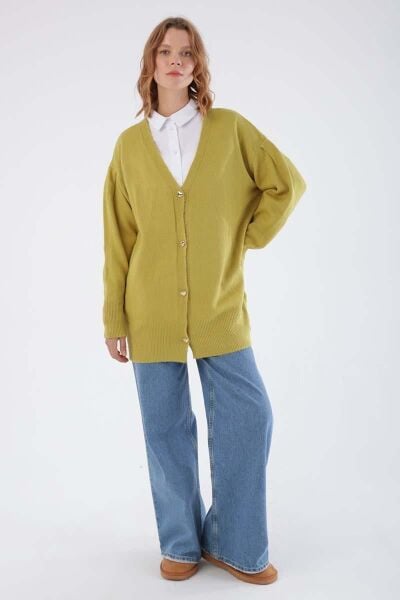 Allday 24TW93118AL0 Yeşil Kadın Kalpli Düğme Detaylı V Yaka Bilekleri Kalın Latikli Triko Hırka