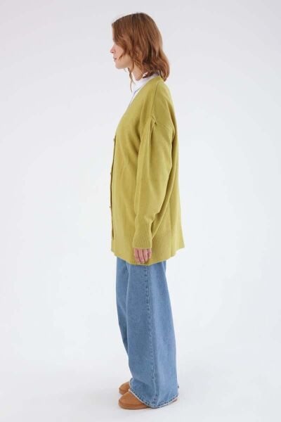 Allday 24TW93118AL0 Yeşil Kadın Kalpli Düğme Detaylı V Yaka Bilekleri Kalın Latikli Triko Hırka