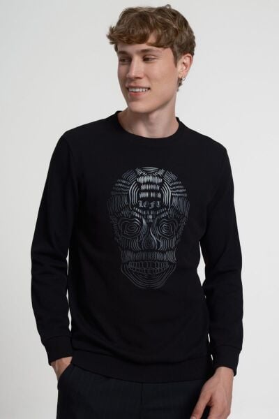 Loft 2034912 Siyah Kuru Kafa Baskılı Bisiklet Yaka Erkek Sweat