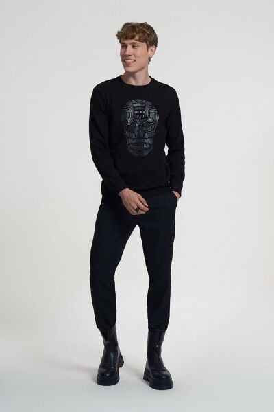 Loft 2034912 Siyah Kuru Kafa Baskılı Bisiklet Yaka Erkek Sweat