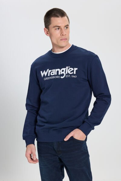 Wrangler W212025410 Lacivert Erkek Yazı Detaylı İki İplik Bisiklet Yaka Sweat