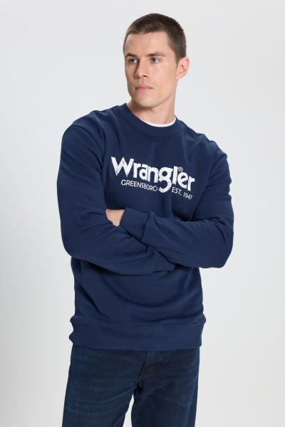 Wrangler W212025410 Lacivert Erkek Yazı Detaylı İki İplik Bisiklet Yaka Sweat