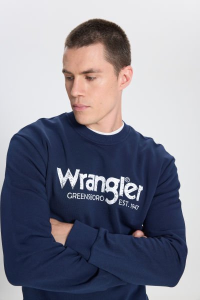 Wrangler W212025410 Lacivert Erkek Yazı Detaylı İki İplik Bisiklet Yaka Sweat