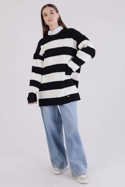 Allday 25TW55040AL0 Siyah-Ekru Kadın Yırtık Detaylı Bisiklet Yaka Triko Kazak