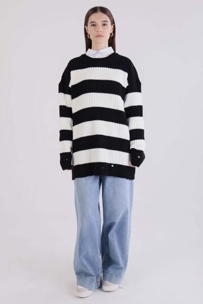 Allday 25TW55040AL0 Siyah-Ekru Kadın Yırtık Detaylı Bisiklet Yaka Triko Kazak