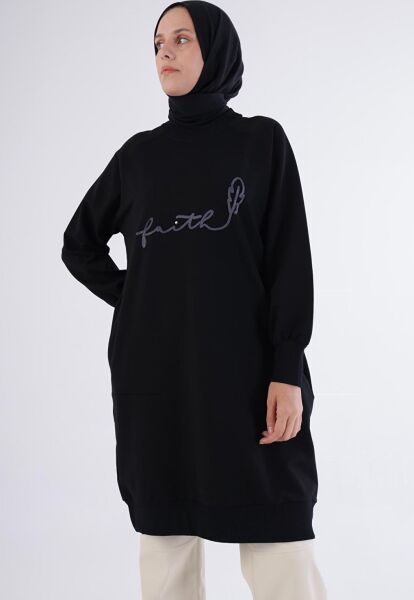 Allday 24OB52252AL0 Siyah Kadın Bisiklet Yaka Yazı İşleme Detaylı Tunik