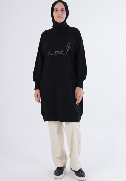 Allday 24OB52252AL0 Siyah Kadın Bisiklet Yaka Yazı İşleme Detaylı Tunik