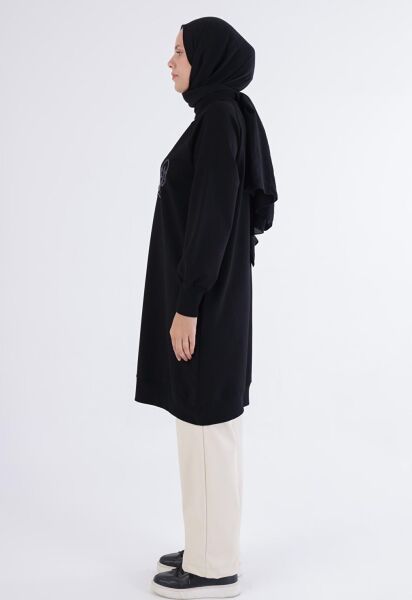 Allday 24OB52252AL0 Siyah Kadın Bisiklet Yaka Yazı İşleme Detaylı Tunik