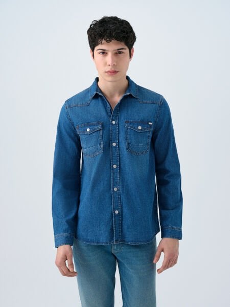 Loft 2035730 Açık Mavi Çift Cepli Çıtpıt Düğmeli Uzun Kollu Kot Gömlek