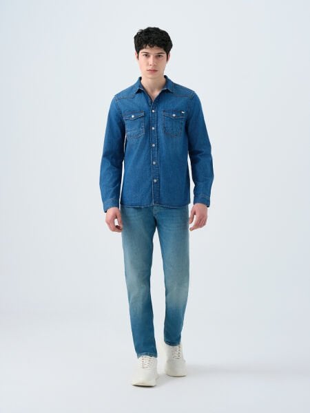 Loft 2035730 Açık Mavi Çift Cepli Çıtpıt Düğmeli Uzun Kollu Kot Gömlek