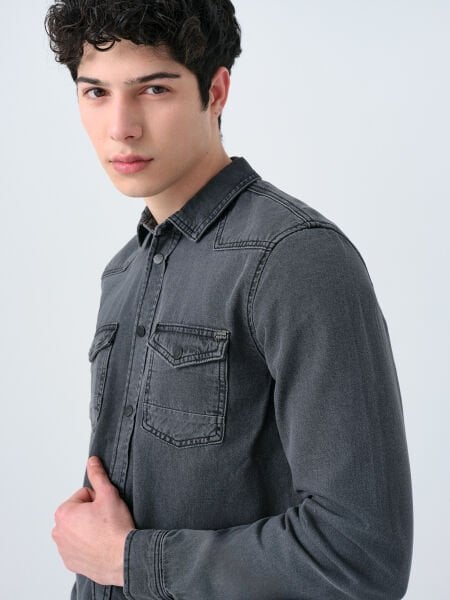 Loft 2035731 Antrasit Çift Cepli Çıtpıt Düğmeli Uzun Kollu Kot Gömlek