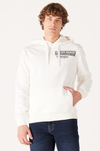 Wrangler W232242102 Ekru Erkek Sol Göğüste Yazı Detaylı Kapüşonlu İki İplik Sweat