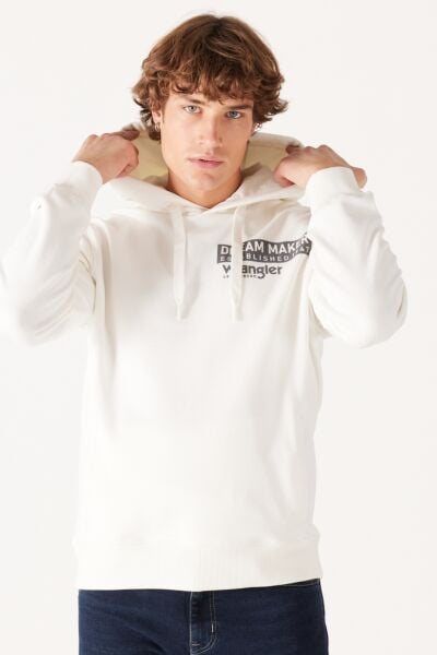 Wrangler W232242102 Ekru Erkek Sol Göğüste Yazı Detaylı Kapüşonlu İki İplik Sweat