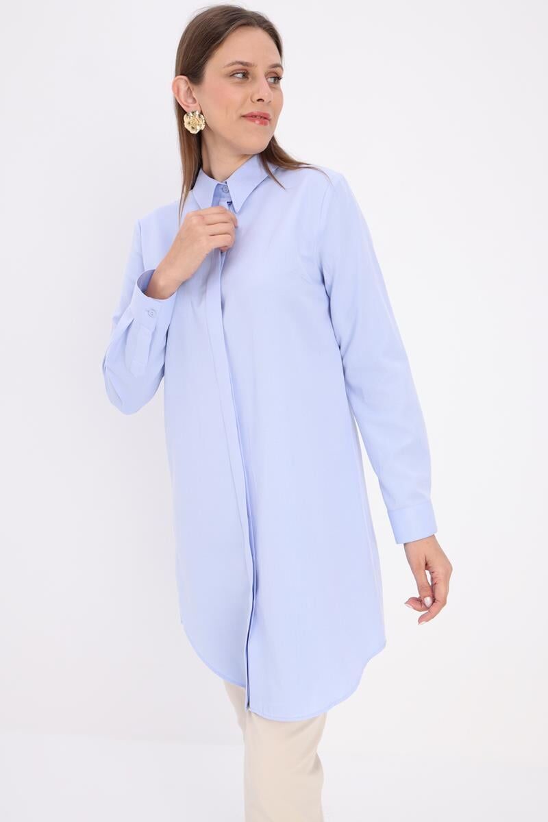 Allday BDX51007K Mavi Kadın Gizli Düğme Detaylı Uzun Gömlek