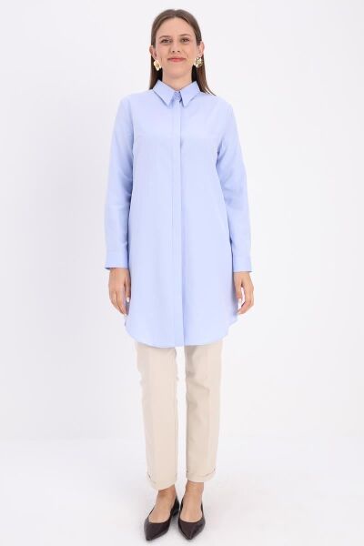 Allday BDX51007K Mavi Kadın Gizli Düğme Detaylı Uzun Gömlek