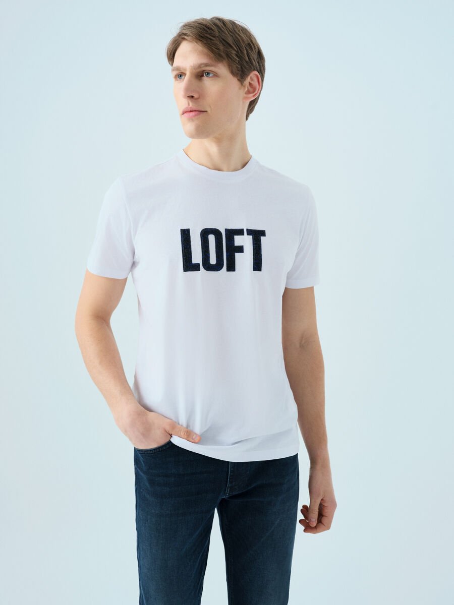 Loft 2038590 Beyaz Erkek Kabartmalı Loft Yazılı Bisiklet Yaka T-Shirt