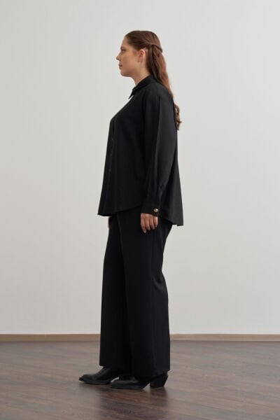 Allday 25DX51295AL9 Siyah Kadın Boydan Düğmeli Geniş Kesim Gömlek