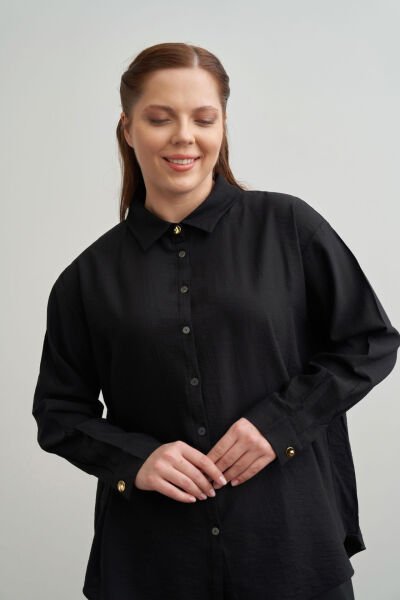 Allday 25DX51295AL9 Siyah Kadın Boydan Düğmeli Geniş Kesim Gömlek