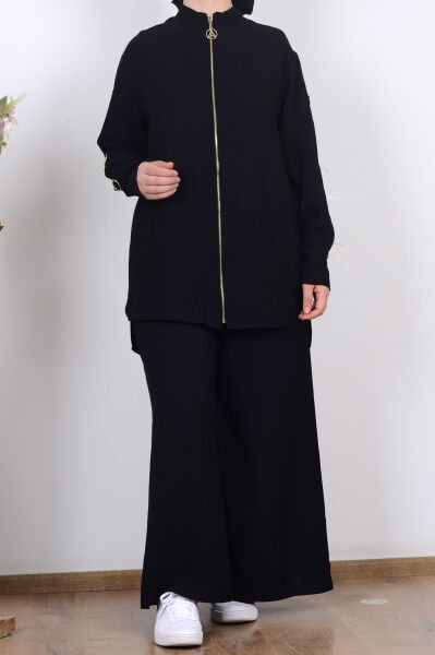 Armine 25YT654 Siyah Kadın Kolları Halka Detaylı Pantolonlu İkili Takım