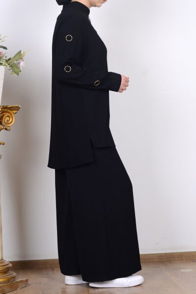 Armine 25YT654 Siyah Kadın Kolları Halka Detaylı Pantolonlu İkili Takım