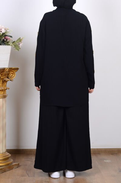 Armine 25YT654 Siyah Kadın Kolları Halka Detaylı Pantolonlu İkili Takım