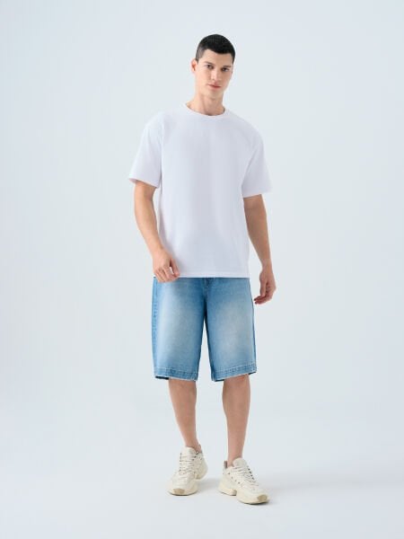 Loft 2039582 Beyaz Erkek Kabartmalı Küçük Yazılı Bisiklet Yaka T-Shirt