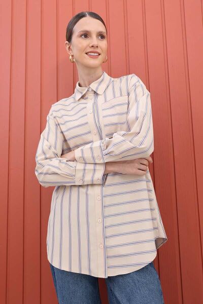 Allday 25DX51300AL0 Vizon-Lacivert Kadın Tek Cep Detaylı Boydan Düğmeli Gömlek